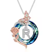 TOUPOP Sterling Silver Blue Crystal Rose Butterfly Initial R Necklace, 20"-undefined