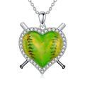 wholesale 925 Sterling Silver Green Softball Heart Crossed Bats Cz Halo Pendant Necklace-0-0