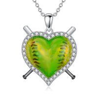 wholesale 925 Sterling Silver Green Heart Necklace With Zircon Accent And Crossed Bat Design-Softball Necklace