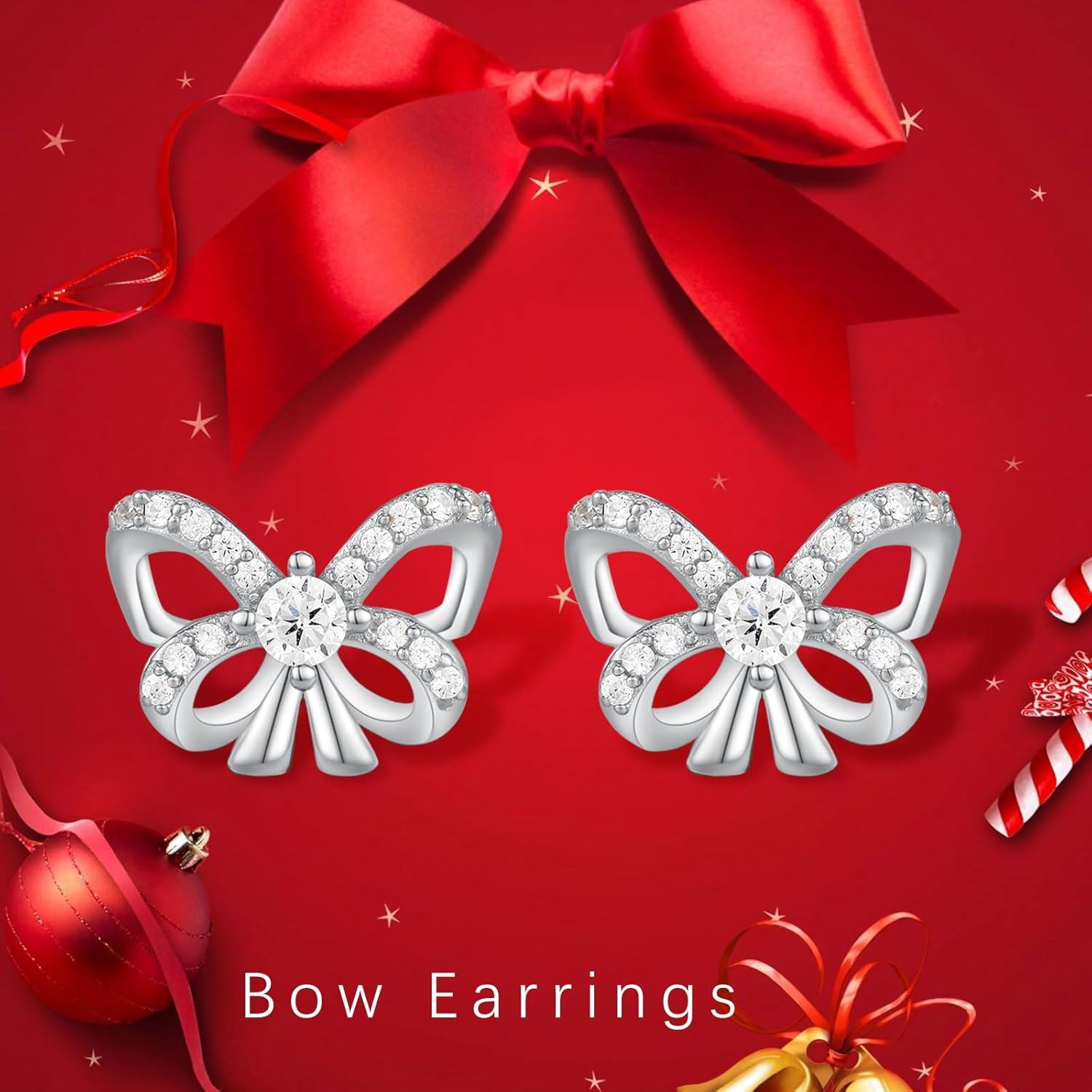  Metal Sterling Silver Stone Bow Stud Earrings for Women Ribbon Jewelry -0-5