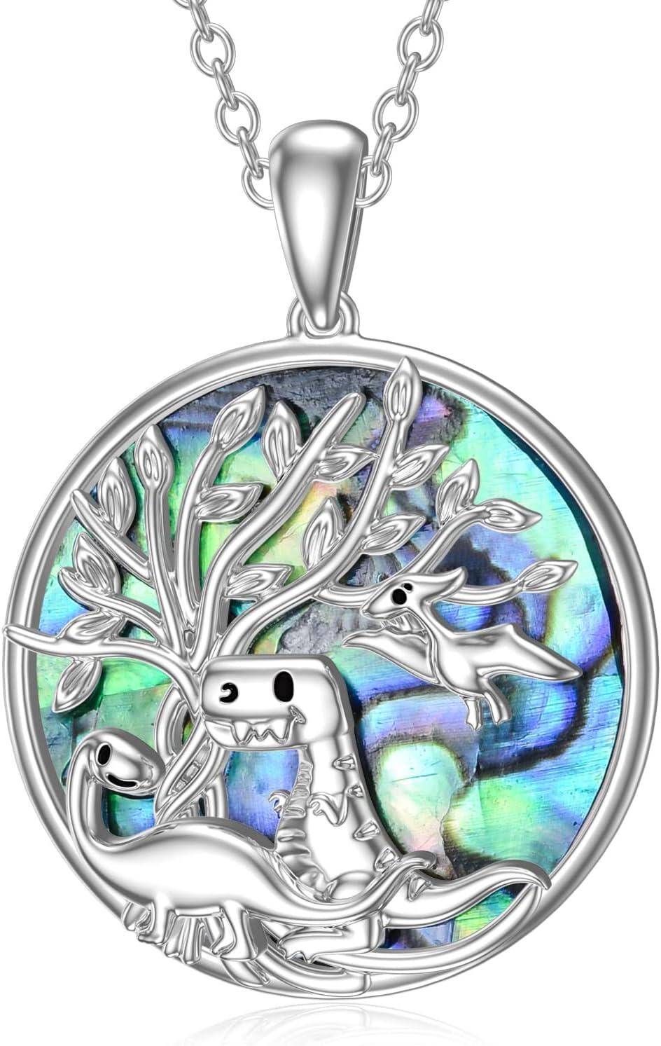 925 Sterling Silver Round Abalone Shell Dragon & Tree of Life Pendant Necklace-0-0