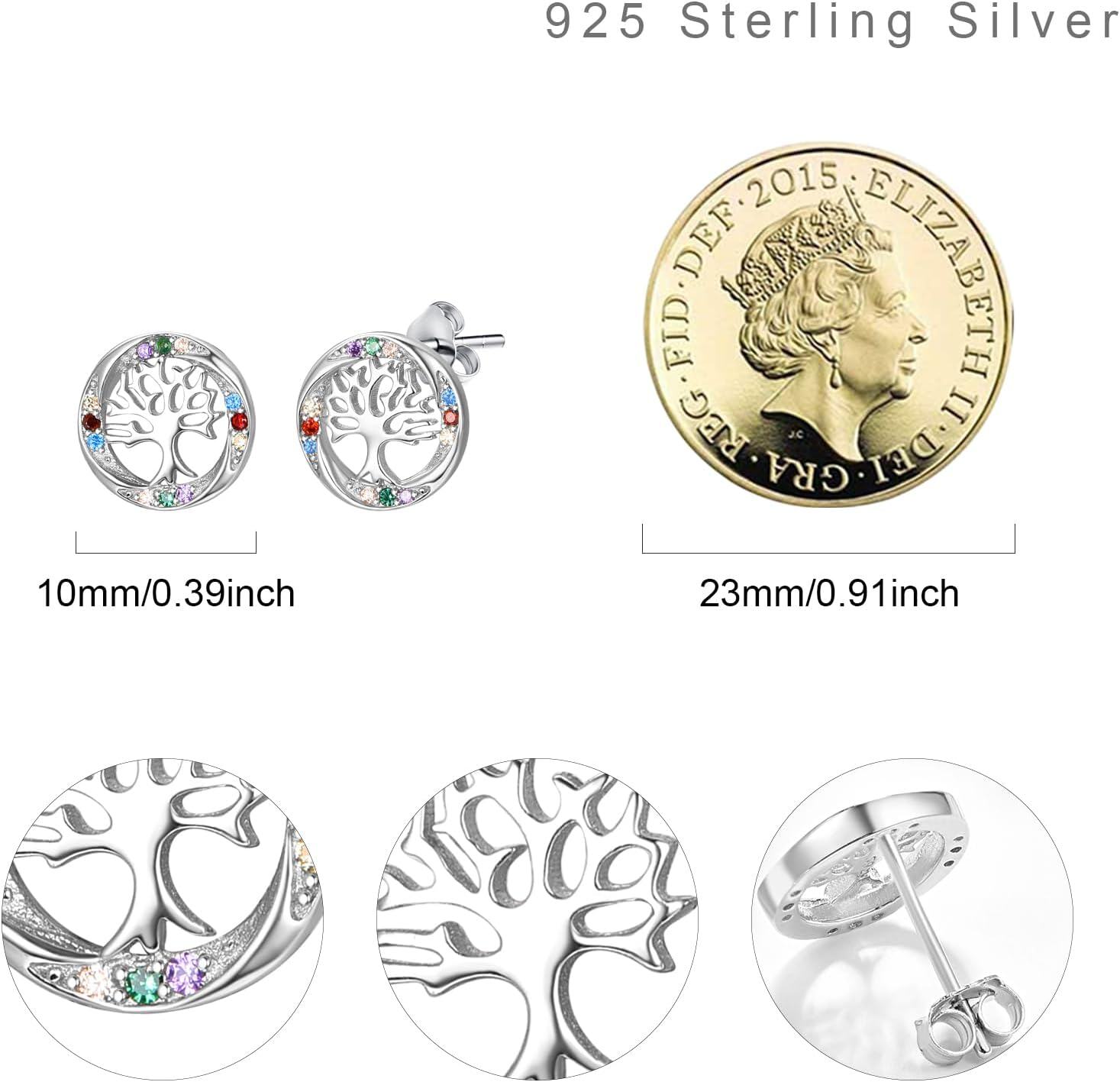 Sterling Silver Tree of Life Stud Earrings Round Birthstone Jewelry Gifts-0-5