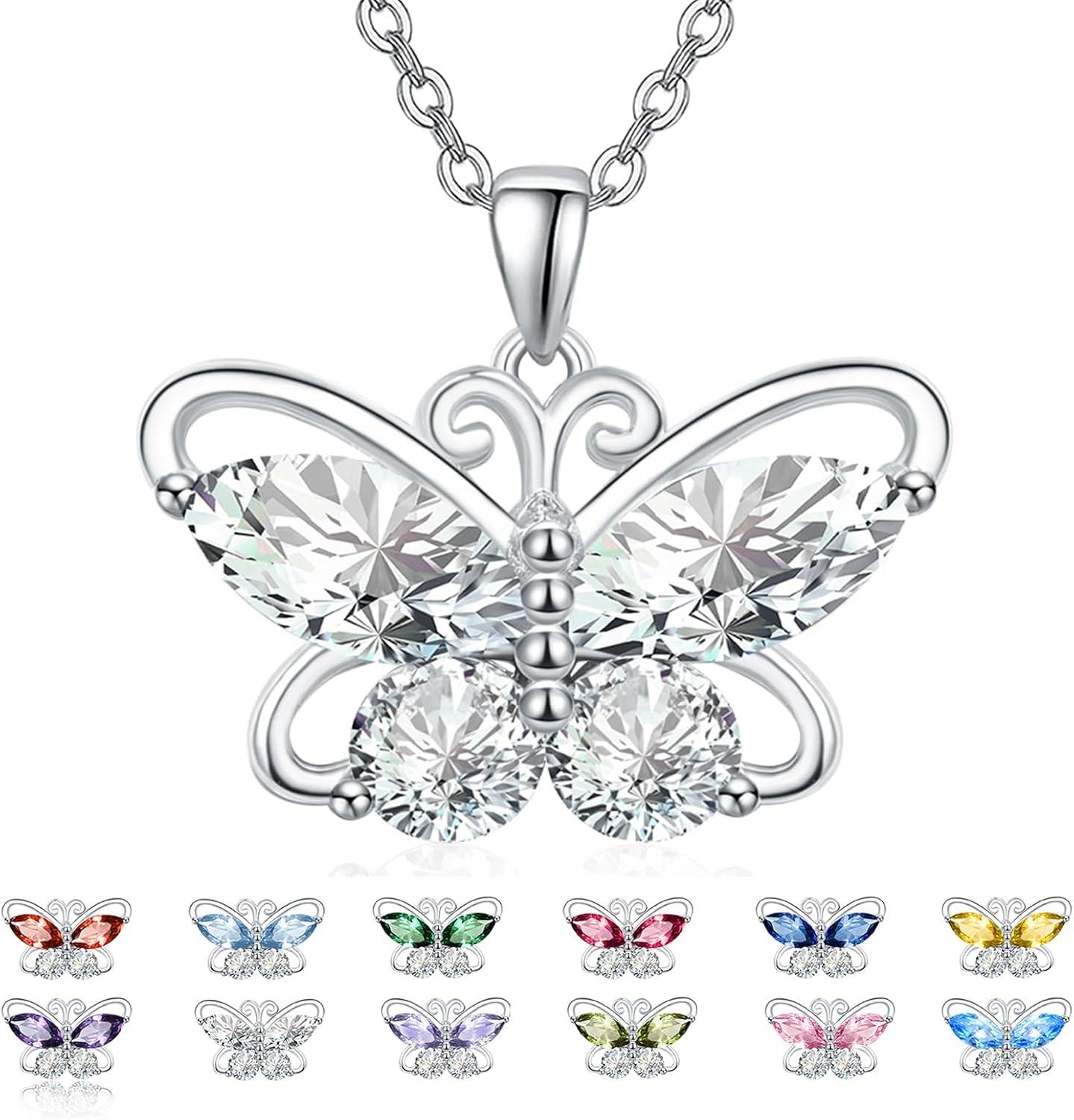 Sterling Silver Cubic Zirconia 12 Birthstone Butterfly Pendant Necklace-04-Apr.