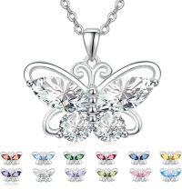 wholesale 925 Sterling Silver Cubic Zirconia 12 Birthstone Butterfly Pendant Necklace-04-Apr.