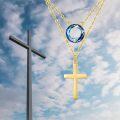 wholesale 14K Gold & Blue Crystal Layered Cross Necklace - Faith, Hope, Courage Gift for Women-0-2