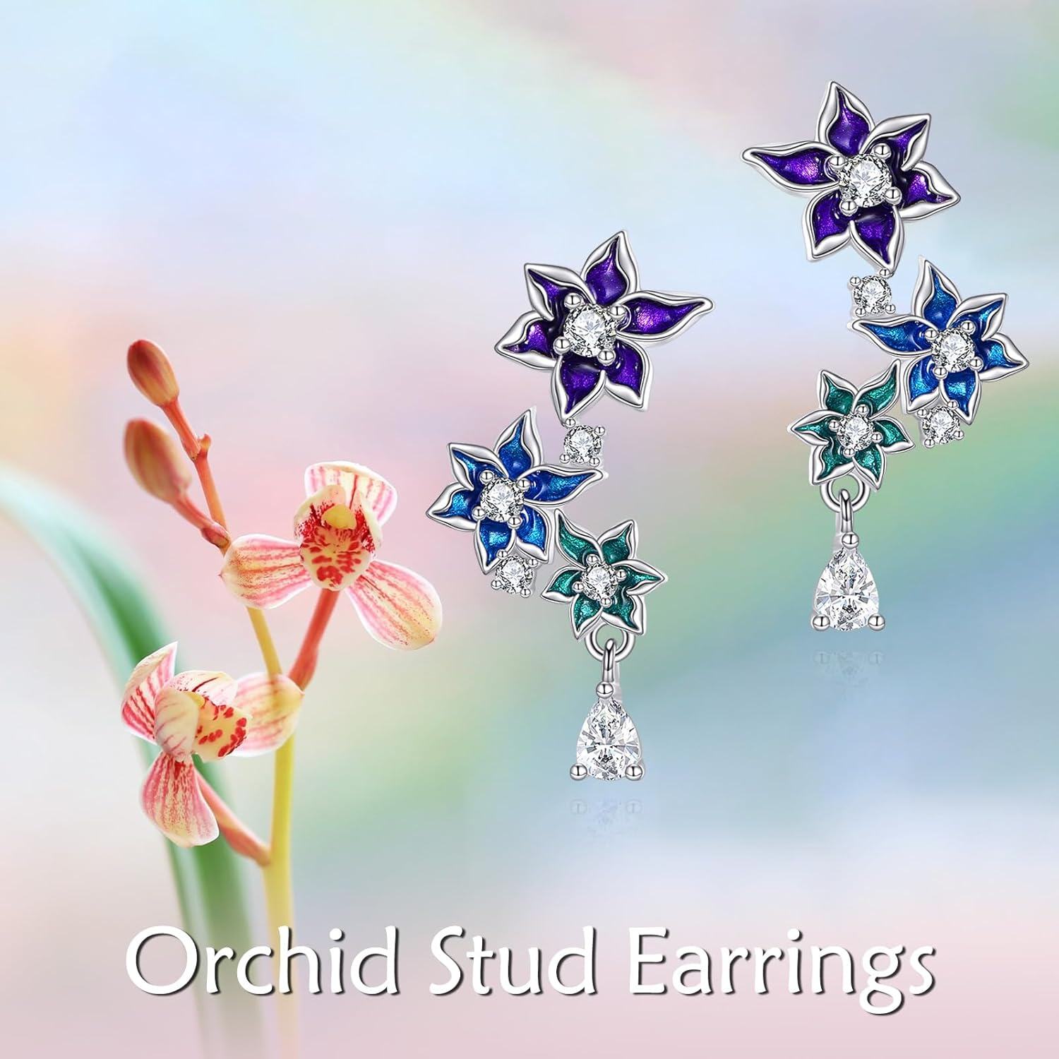 wholesale 925 Sterling Silver 925 Blue & Purple Enamel Flower CZ Dangle Earrings Hypoallergenic Jewelry for Women Girls-0-1