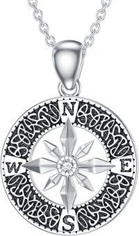 wholesale 925 Sterling Silver Round Compass Pendant with Cubic Zirconia and Moonstone - 925 Sterling Silver Jewelry for Women-White-Diamond