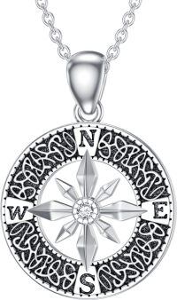wholesale 925 Sterling Silver Round Compass Pendant with Cubic Zirconia and Moonstone - 925 Sterling Silver Jewelry for Women-White-Diamond