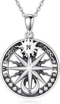 wholesale 925 Sterling Silver 925 Compass Pendant Necklace w/Starfish & Wave Design - Nautical Jewelry for Women-Sun and Moon Compass