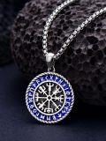 wholesale 925 Sterling Silver Vegvisir Compass Norse Runes Pendant Necklace  Blue Enamel Viking Jewelry for Men Women Gift 47cm Chain Length-0-5