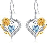wholesale Sterling Silver Cubic Zirconia Sunflower Heart Dangle Hoop Earrings-12 Dec