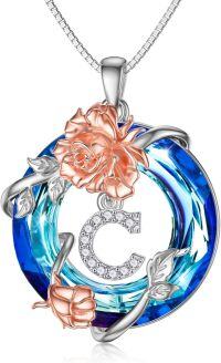 wholesale TOUPOP C Necklace For Women Sterling Silver Rose Initial C Letter Pendant Necklace With Blue Circle Crystal For Girls Her Jewelry Birthday Anniversary Christmas Gifts -undefined