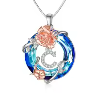 TOUPOP Sterling Silver Blue Crystal C Letter Pendant Necklace For Women-undefined