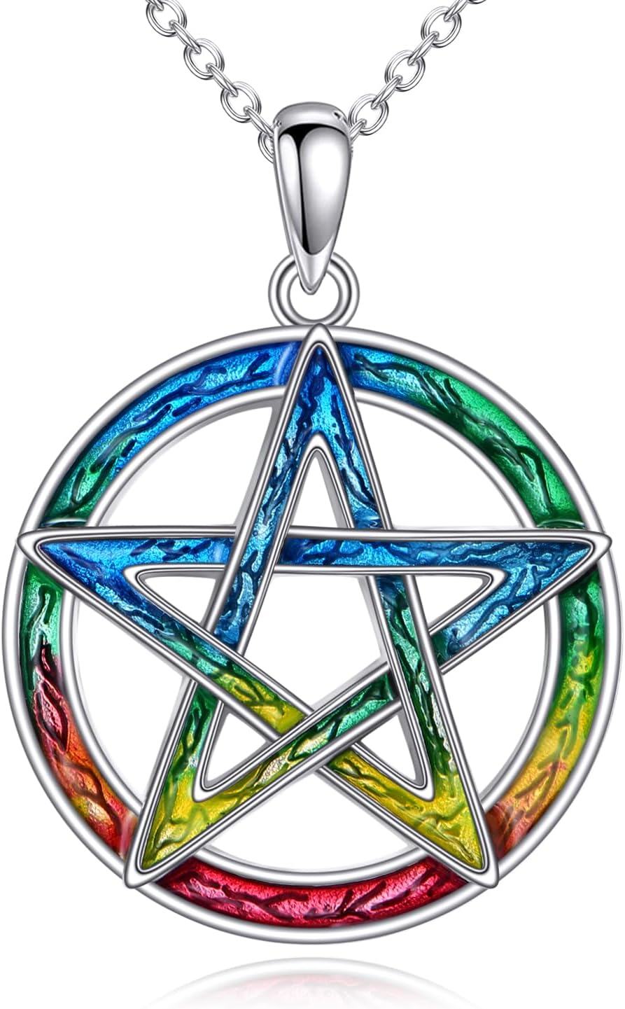 wholesale 925 Sterling Silver Rainbow Enamel Pentacle Triquetra Pendant Necklace for Women-0-0