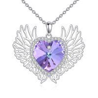 wholesale 925 Sterling Silver Purple Crystal Angel Wing Heart Pendant Necklace  for Women-Angel Wings Heart-2
