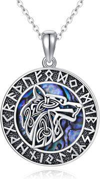 wholesale 925 Sterling Silver Viking Wolf with Runes & Abalone Shell Pendant Necklace-A-Silver Chain