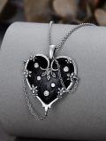wholesale 925 Sterling Silver Gothic Heart Pendant with Black Enamel and Floral Accents-0-2