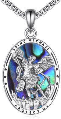 wholesale 925 Sterling Silver Oval Shape Abalone Shell Saint Michael Pendant Necklace for Men Religious Gifts-Silver St Michael