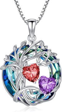 wholesale 18K White Gold Filled Sterling Silver Family Tree Pendant with 2 Heart Birthstones Blue Austrian Crystal Necklace for Women-01-02-Jan-Feb Birthstone