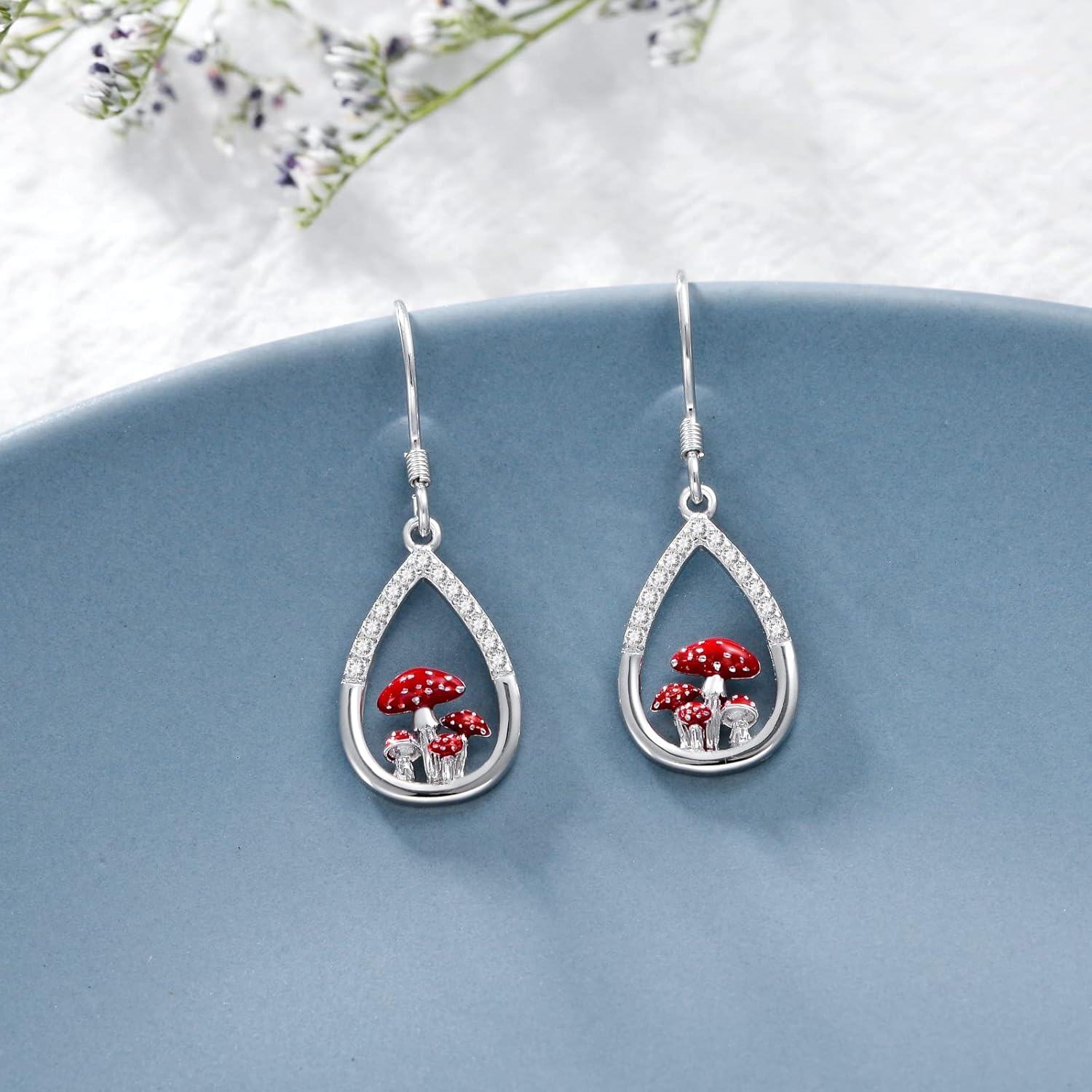 wholesale 925 Sterling Silver Red Enamel Mushroom Drop Earrings-0-3