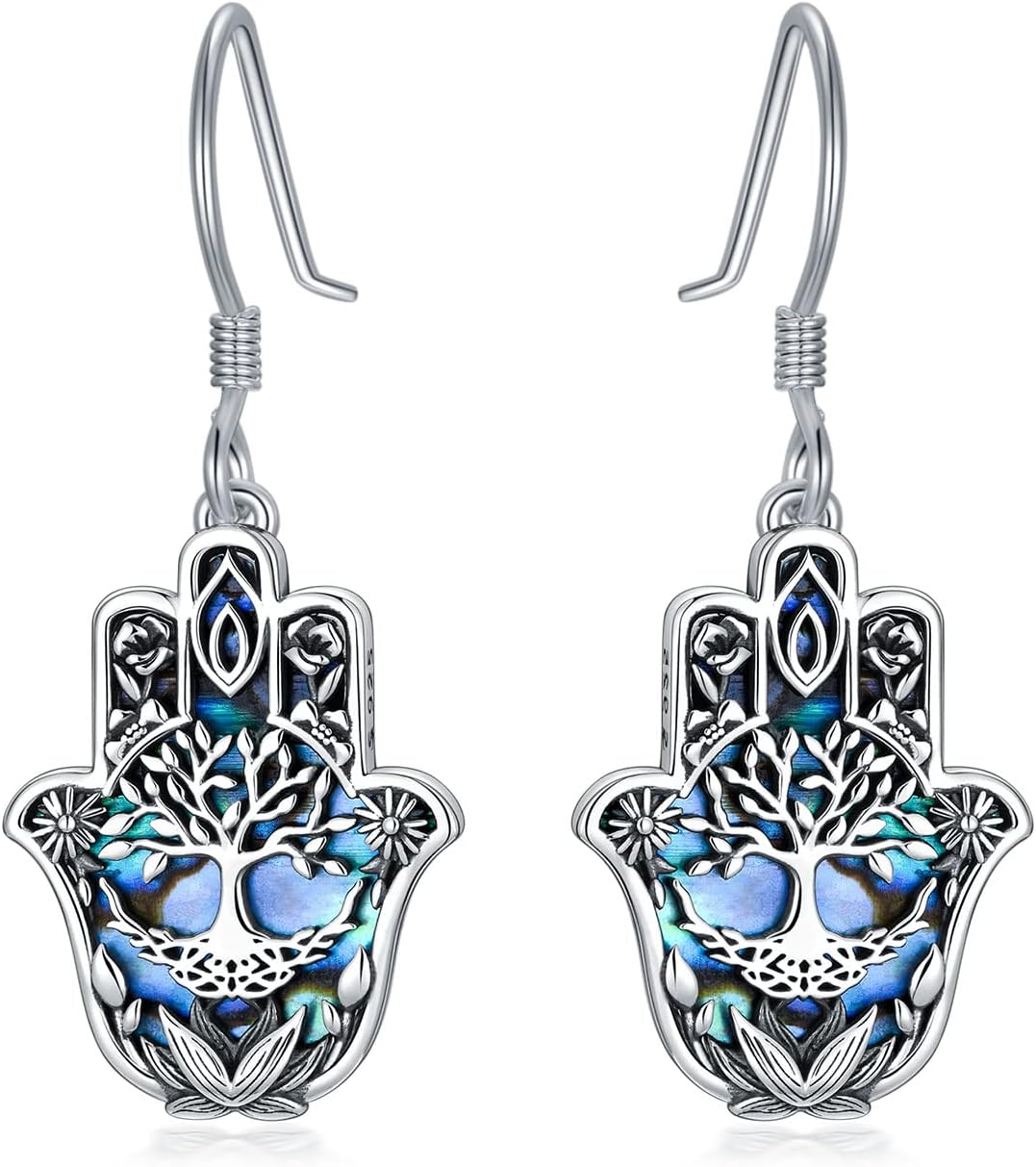 wholesale 925 Sterling Silver Tree of Life Hand Drop Earrings with Abalone Shell and Blue Enamel-0-0