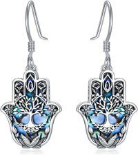wholesale 925 Sterling Silver Tree of Life Hand Drop Earrings with Abalone Shell and Blue Enamel-Hamsa Lotus