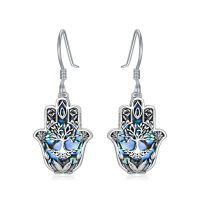 wholesale 925 Sterling Silver Tree of Life Hand Drop Earrings with Abalone Shell and Blue Enamel-Hamsa Lotus