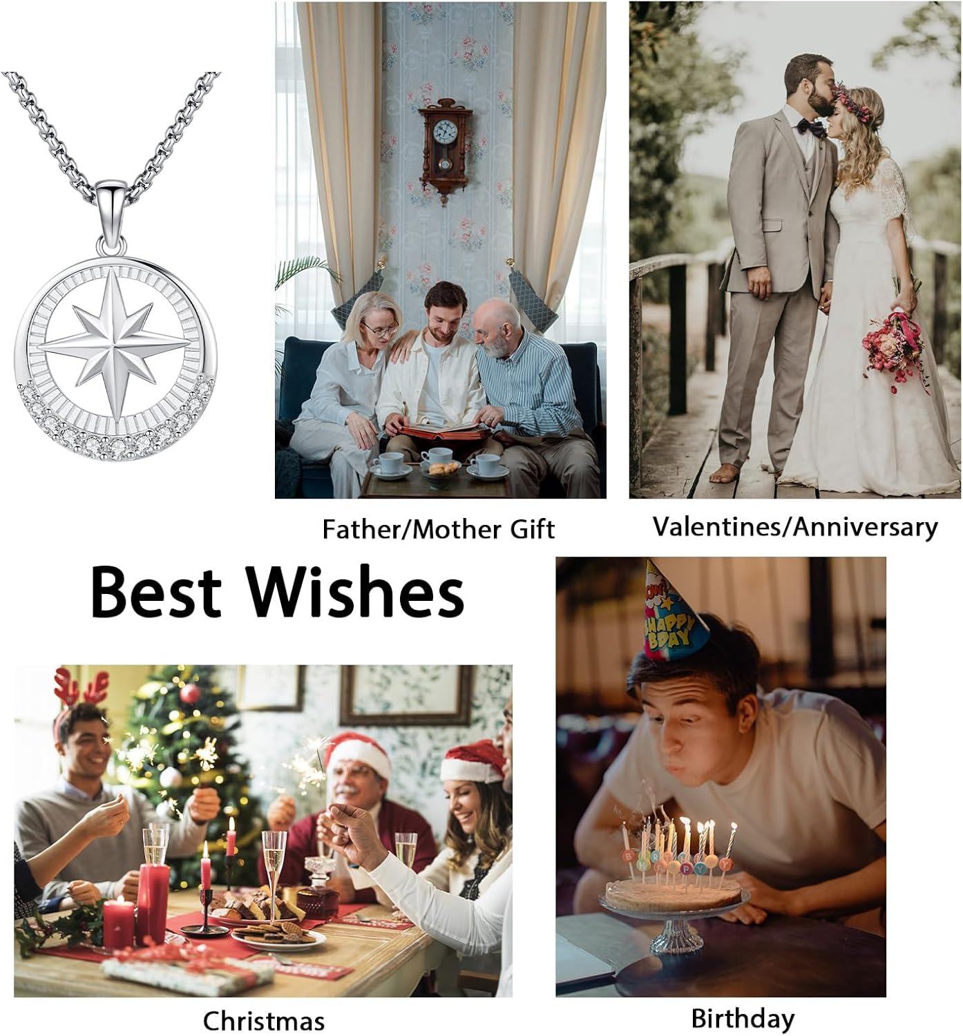 wholesale 925 Sterling Silver Stainless Steel Compass Star Pendant Necklace with Cubic Zirconia Accents-0-5