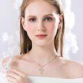 wholesale 925 Sterling Silver White Gold Plated Cross with Pink Simulated Opal and Green Leaves Pendant Necklaces for Women-0-3