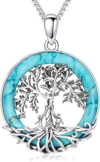 wholesale 925 Sterling Silver Natural Turquoise Gemstone Tree of Life Pendant Necklace - 18 Chain w/ 2 Extender-Mother with 2