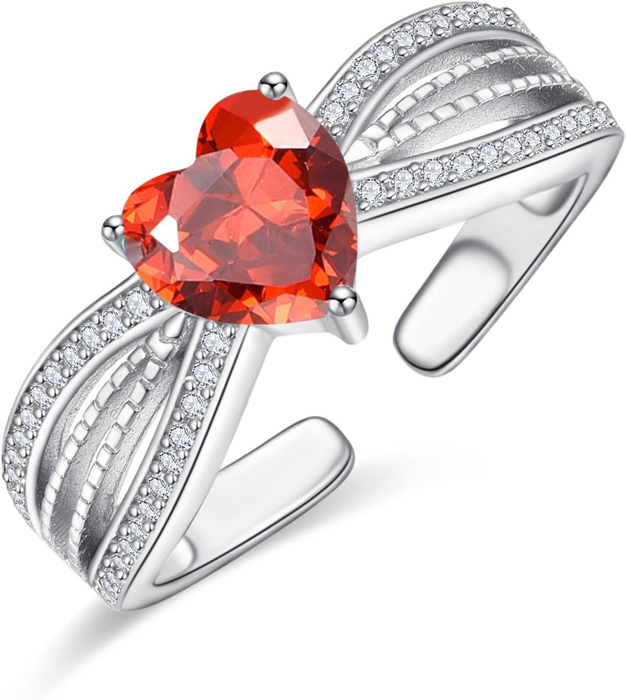 Sterling Silver CZ Heart Rings Adjustable Birthstone Jewelry Gift for Women Mom-July Birthstone