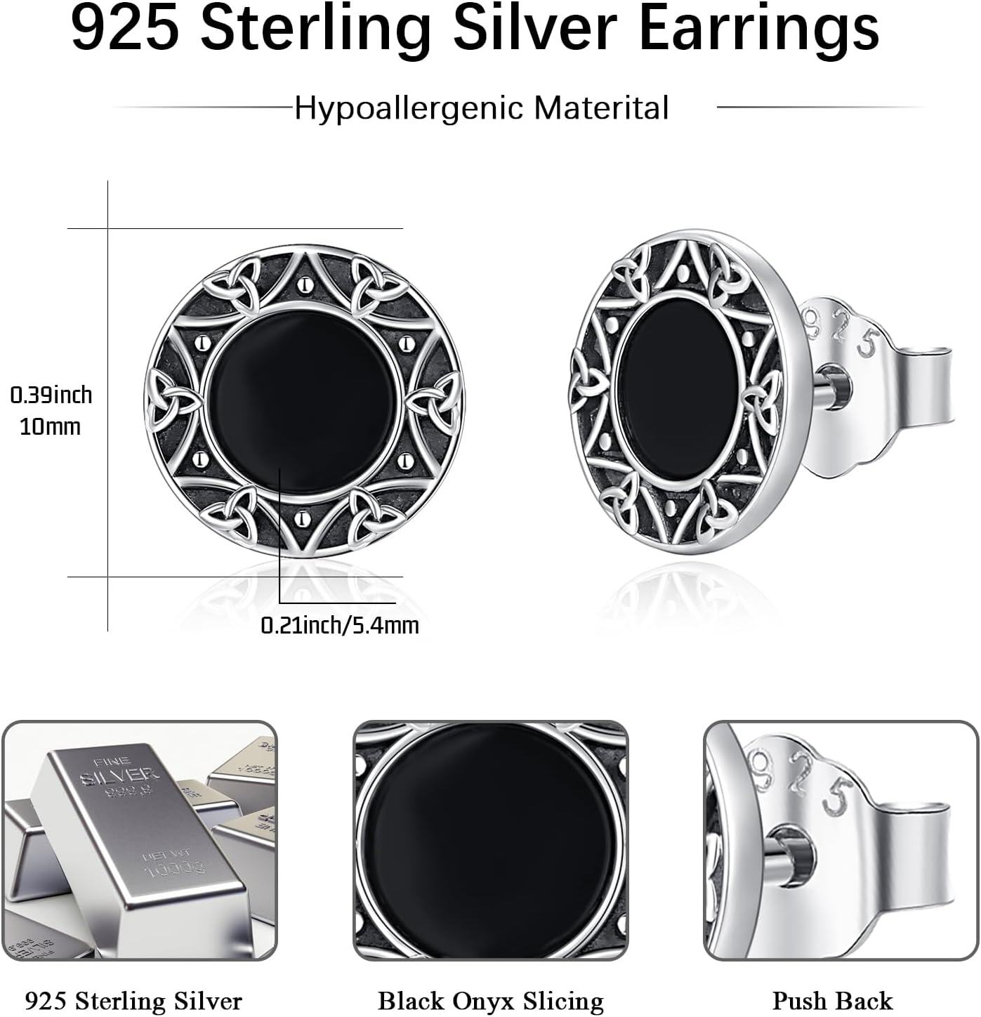 925 Sterling Silver Celtic Knot Black Onyx Stud Earrings 6mm Round Gothic Jewelry for Women and Men-0-1