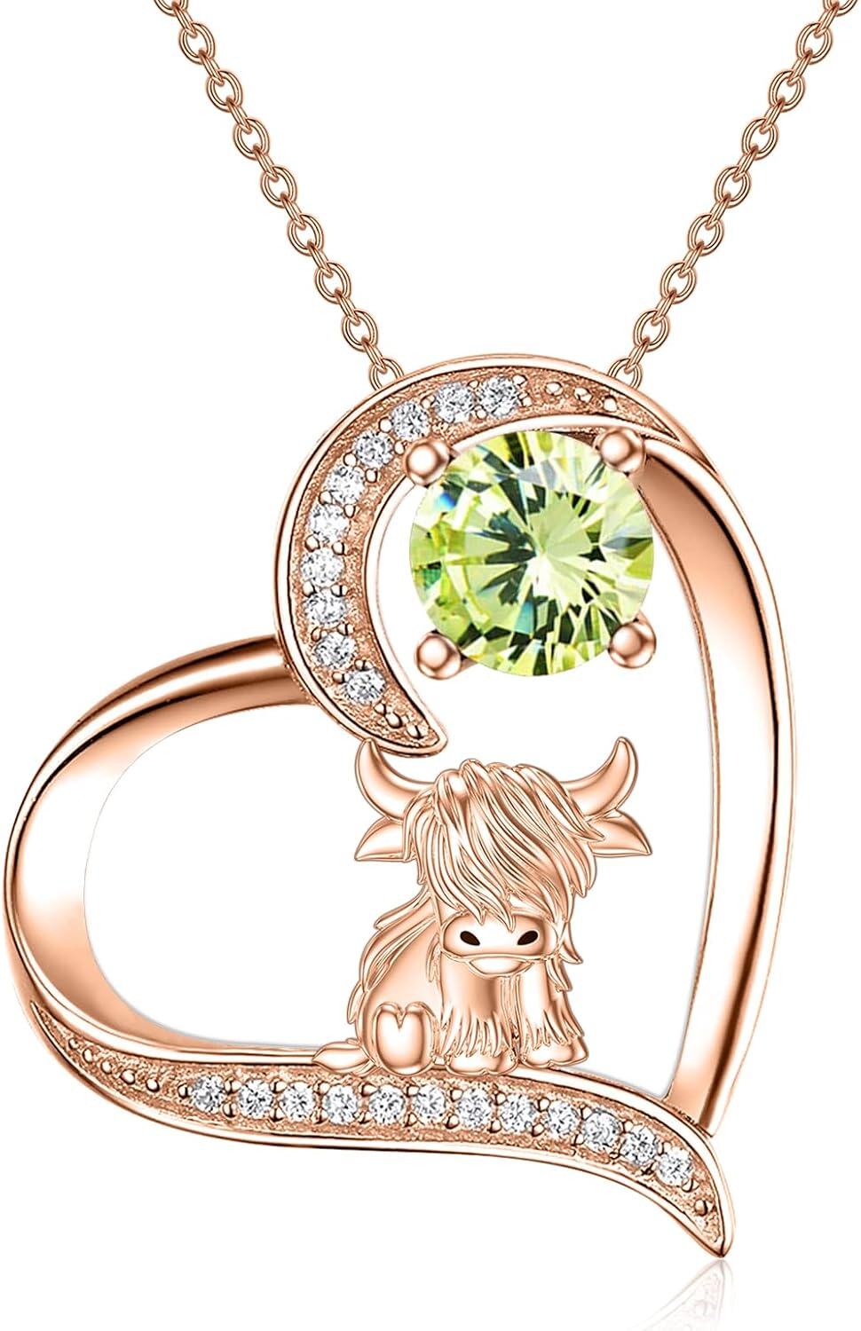 Sterling Silver Highland Cow Birthstone Necklace Jewelry Gifts for Women Girls-2-08--2-08-