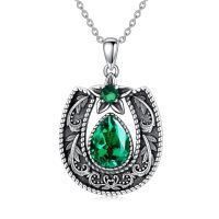 wholesale 925 Sterling Silver Western Retro Filigree Horseshoe Pendant with Gemstone 18+2 Chain for Women-May-Emerald