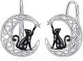 wholesale 925 Sterling Silver Black Cat on Moon with Stars Leverback Earrings-0-0