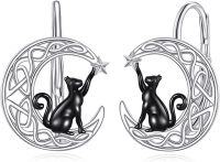 wholesale 925 Sterling Silver Black Cat on Moon with Stars Leverback Earrings-Cat Moon Leverback Earrings