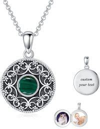 wholesale Sterling Silver Round Picture Locket Necklace Holds 2 Photos Jewelry Gift-Malachite Locket Only+Photo+Text-Malachite Locket Only