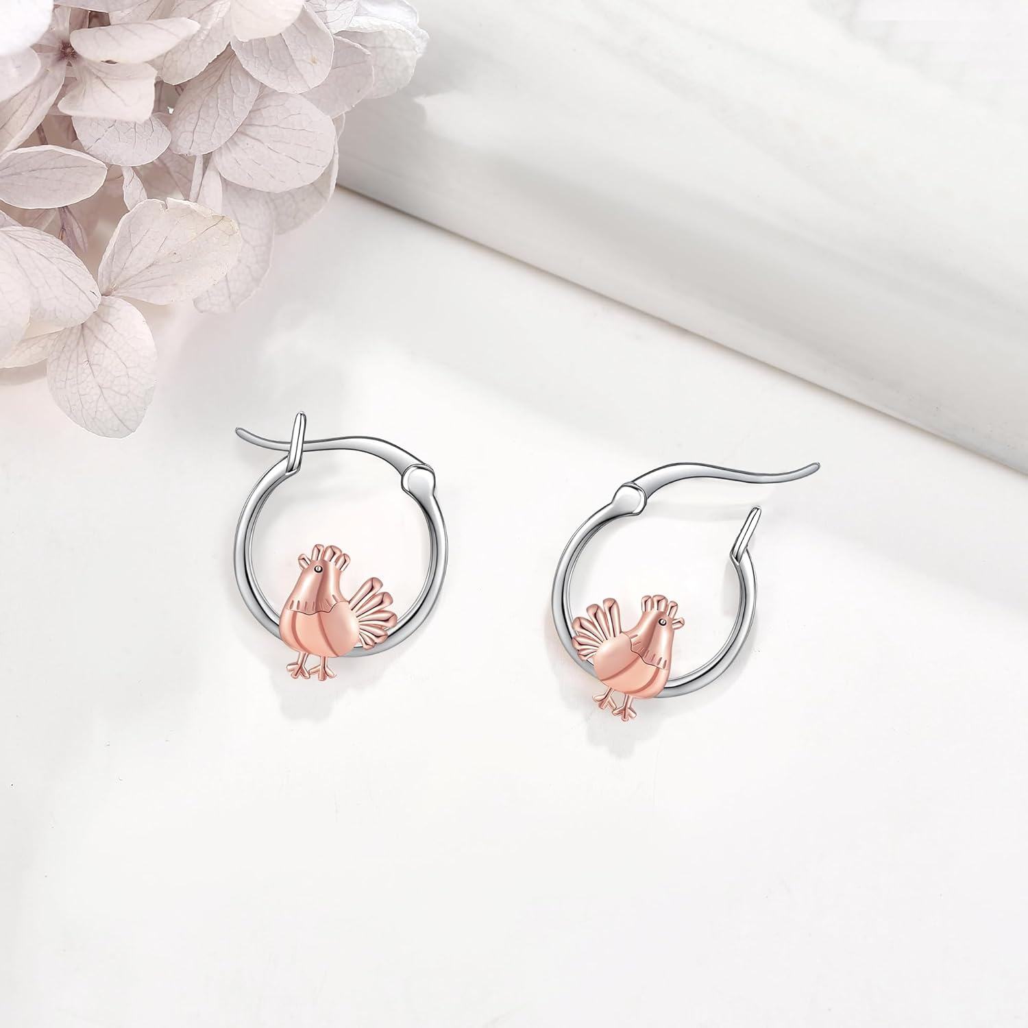 wholesale 925 Sterling Silver Rose Gold Plated Hen Charm Hoop Earrings for Women Girls Mothers Day Gift-0-2