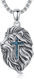wholesale 925 Sterling Silver Turquoise Stone Aztec Lion Head Cross Pendant Necklaces for Men-0-0
