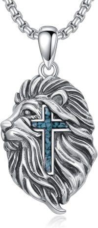 wholesale 925 Sterling Silver Turquoise Stone Aztec Lion Head Cross Pendant Necklaces for Men-Lion Cross