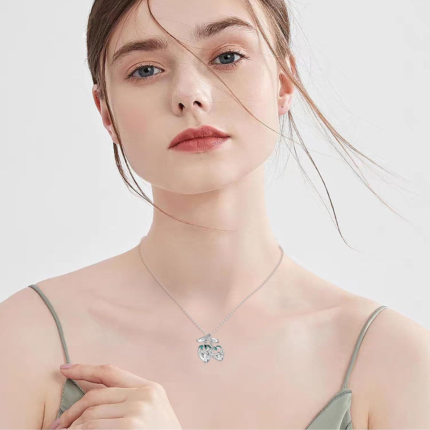 wholesale 925 Sterling Silver Heart-Shaped Moissanite Fruit Pendant Necklace with Green Leaves for Women Gifts-0-1