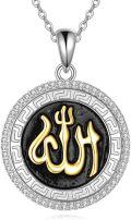 wholesale 925 Sterling Silver Round Allah Pendant Necklace with Black and Gold Accents - Islamic Muslim s for Her-0-0