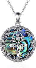 wholesale 925 Sterling Silver Round Abalone Shell with Scottish Thistle and Celtic Knot Design Pendant Necklace-0-0
