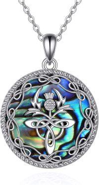 wholesale 925 Sterling Silver Round Abalone Shell with Scottish Thistle and Celtic Knot Design Pendant Necklace-Scottish Thistle C