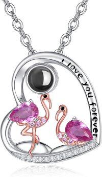 wholesale 925 Sterling Silver Pink Crystal Flamingos in Love Heart Pendant Necklace for Women's Gifts-I love You Forever-Custom Photo