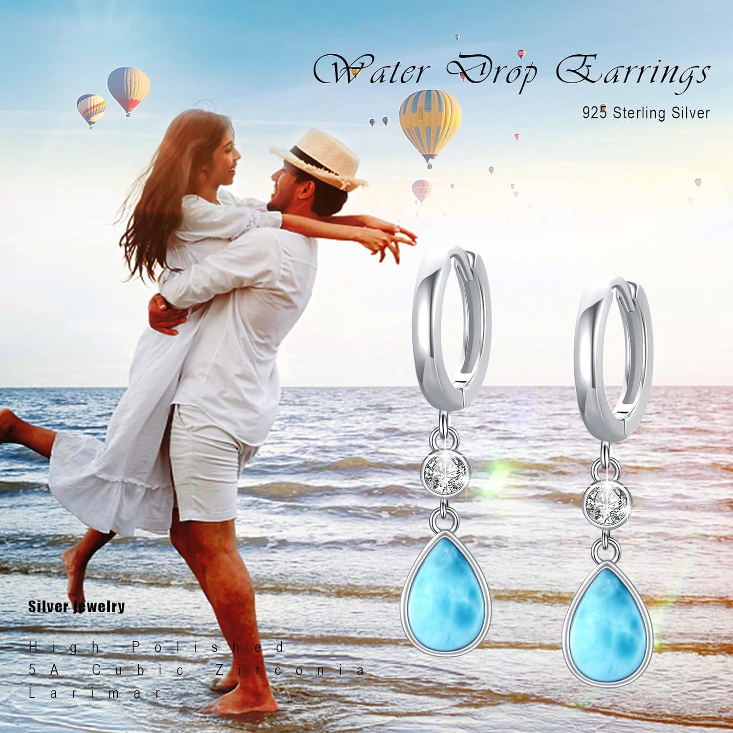 925 Sterling Silver Larimar Teardrop Dangle Huggie Earrings with CZ Accents - 925 Sterling Silver Jewelry for Women and Girls (S9025)-0-3