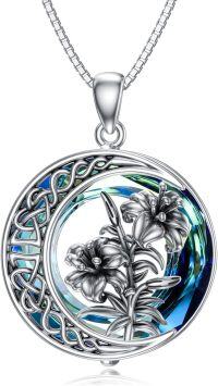 wholesale TOUPOP Oxidization May Birth Flower Necklace Lily Necklaces For Women Lily Jewelry Dainty Moon Flower Jewelry S925 Sterling Silver With Blue Crystal Birthday Gifts For Women -undefined