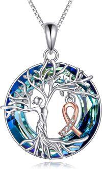 wholesale 925 Sterling Silver Tree of Life Pendant Necklace with Blue Crystal and Breast Cancer Awareness Ribbon Jewelry for Women-Breast Cancer Awareness
