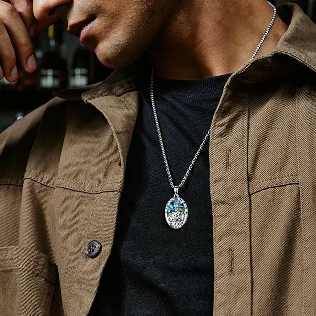 wholesale 925 Sterling Silver Saint Maximilian Kolbe Protect Us Medal Pendant Necklace with Stainless Steel Chain with Abalone Shell and Crosses-0-3
