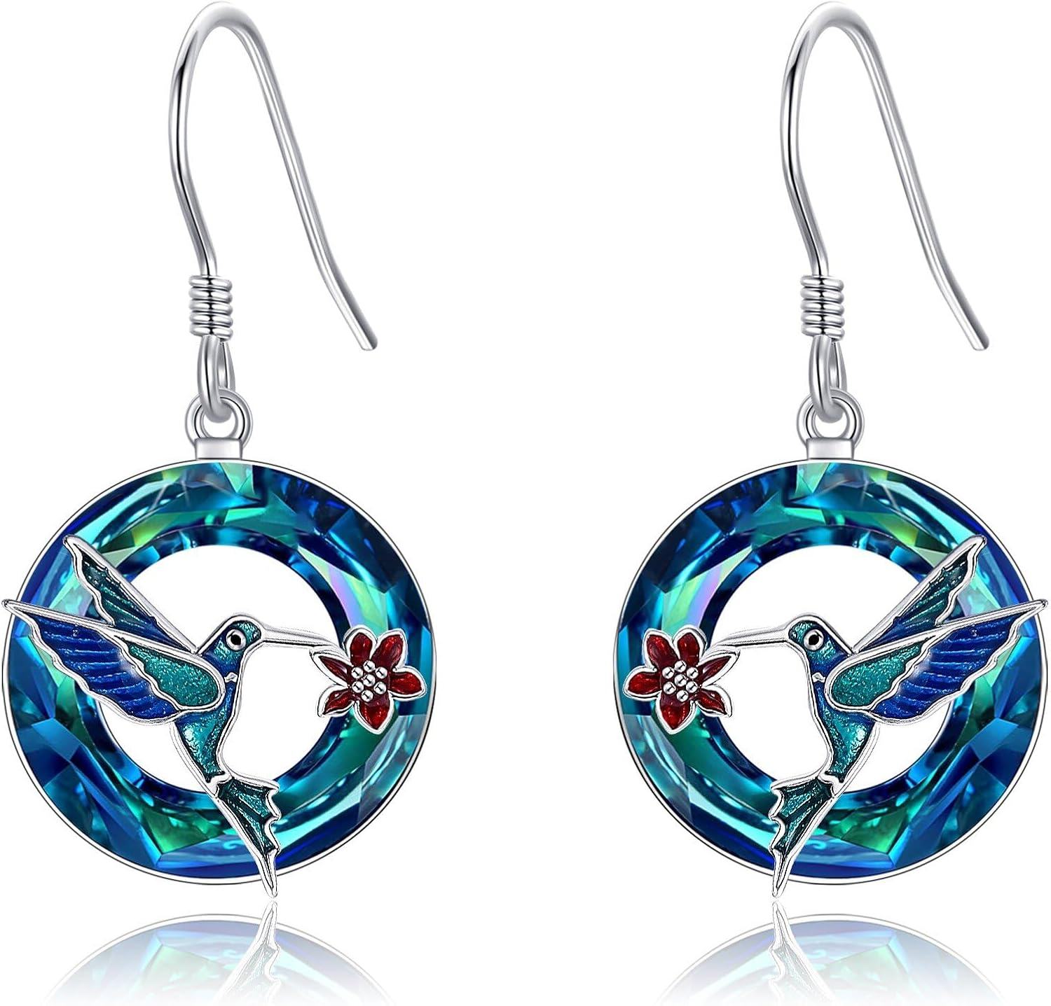 Sterling Silver Animal Earrings Horse Bee Llama Owl Jellyfish Parrot Bunny Duck Penguin Flamingo Paw Print Panda Dolphin Hummingbird for Mom-Hummingbird Crystal-Hummingbird Crystal